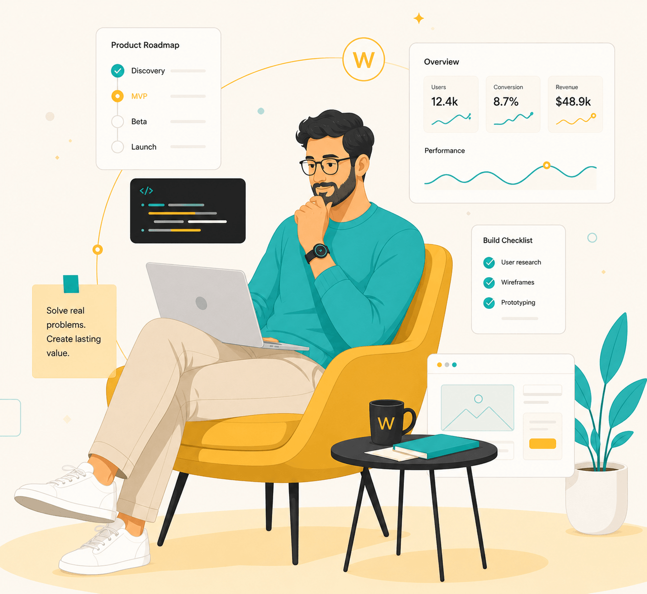 A developer reviewing product analytics and a roadmap while building software
